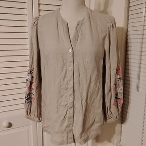 Charter Club Light Tan Blouse with Floral Sleeve Embroidery
